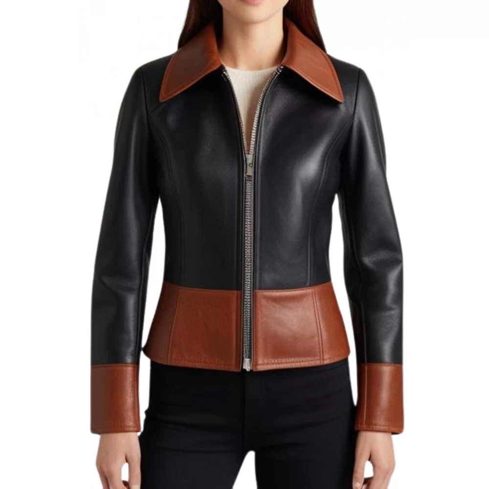 Blouson femme en cuir d'agneau bicolore couleur noir et marron modèle Karla