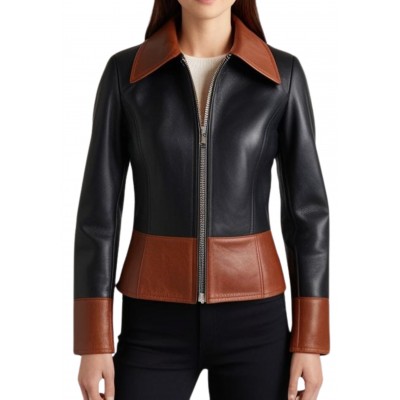 Blouson femme en cuir d'agneau bicolore couleur noir et marron modèle Karla