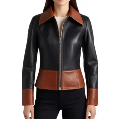 Blouson femme en cuir d'agneau bicolore couleur noir et marron modèle Karla
