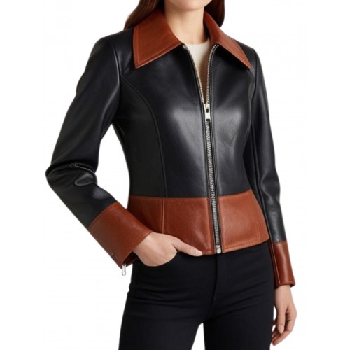 Blouson femme en cuir d'agneau bicolore couleur noir et marron modèle Karla