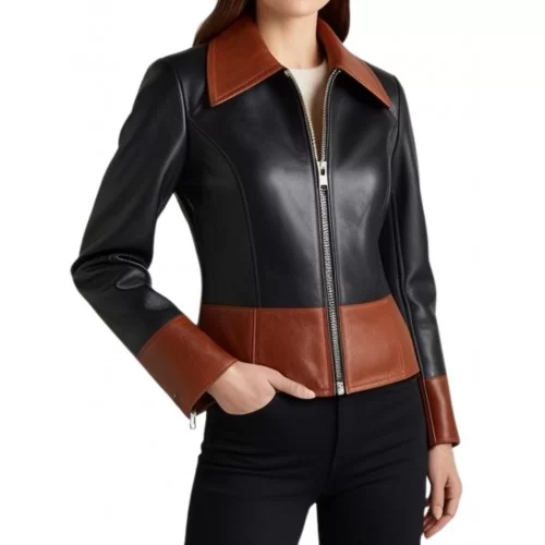 Blouson femme en cuir d'agneau bicolore couleur noir et marron modèle Karla