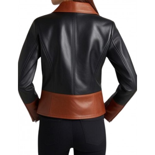 Blouson femme en cuir d'agneau bicolore couleur noir et marron modèle Karla