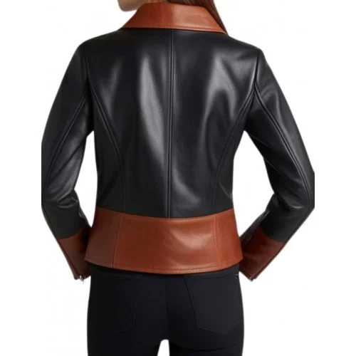 Blouson femme en cuir d'agneau bicolore couleur noir et marron modèle Karla
