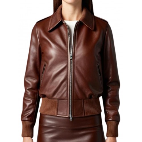 Blouson femme type aviateur en cuir d'agneau couleur marron modèle Janice