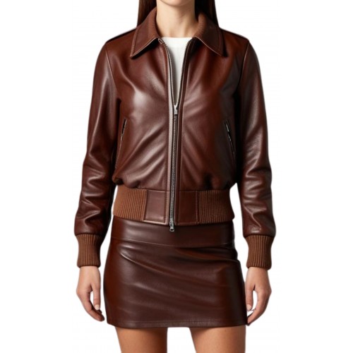 Blouson femme type aviateur en cuir d'agneau couleur marron modèle Janice