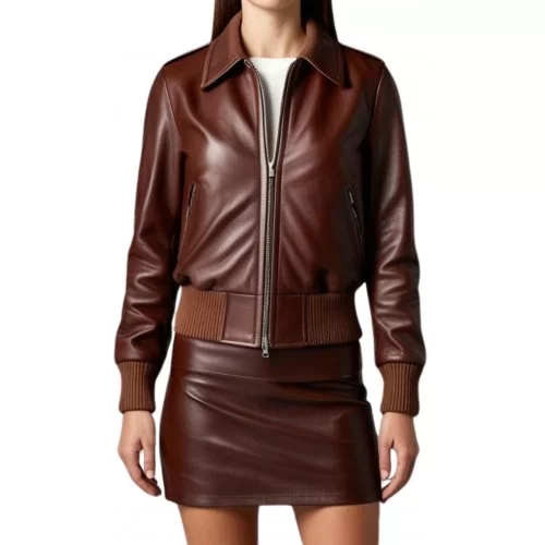 Blouson femme type aviateur en cuir d'agneau couleur marron modèle Janice
