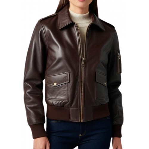 Blouson femme type fly aviateur en cuir d'agneau couleur marron chocolat modèle Westa