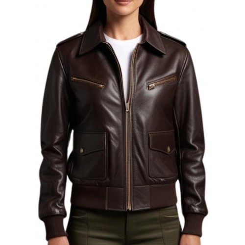 Blouson femme fly aviateur en cuir d'agneau couleur marron modèle Iriza