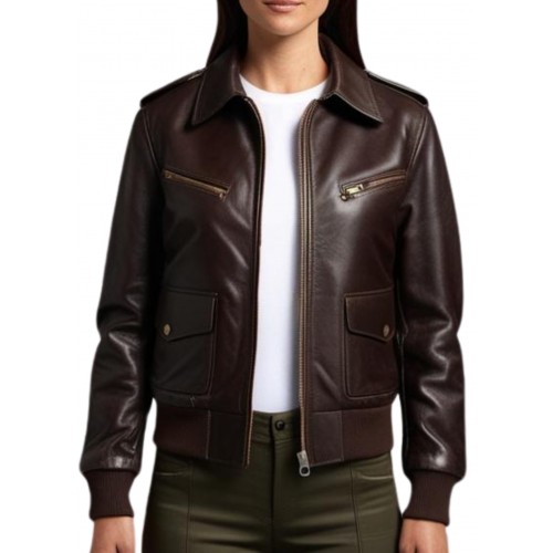 Blouson femme fly aviateur en cuir d'agneau couleur marron modèle Iriza