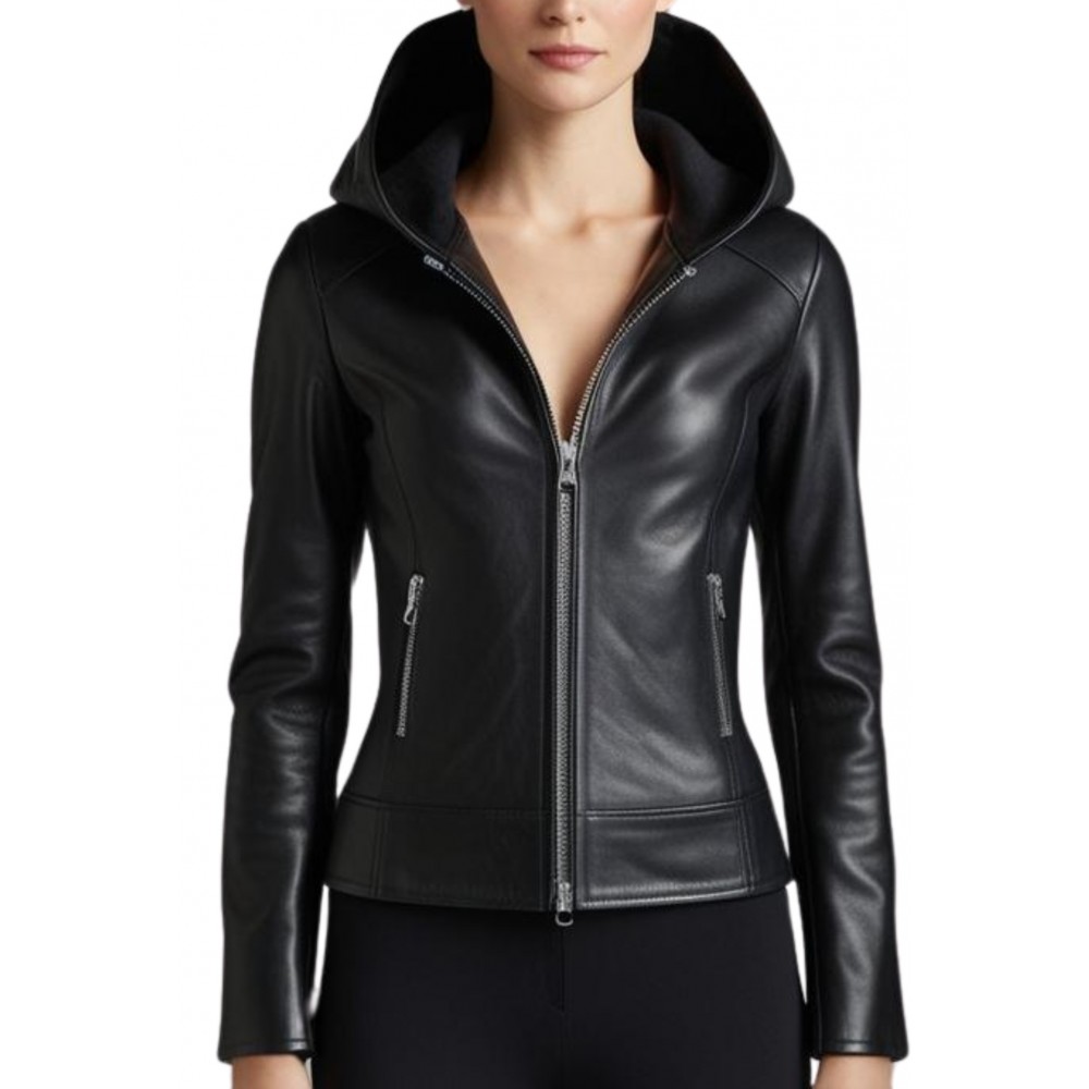 Blouson cuir femme avec capuche en agneau noir modèle Ovania