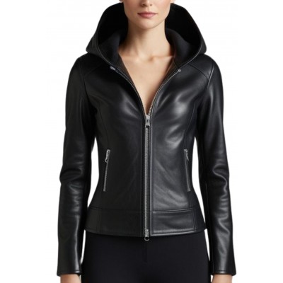 Blouson cuir femme avec capuche en agneau noir modèle Ovania