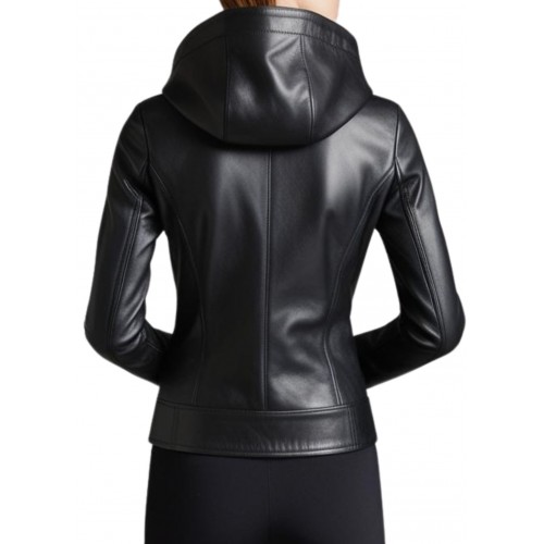 Blouson cuir femme avec capuche en agneau noir modèle Ovania