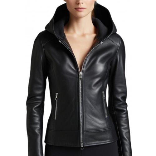 Blouson cuir femme avec capuche en agneau noir modèle Ovania