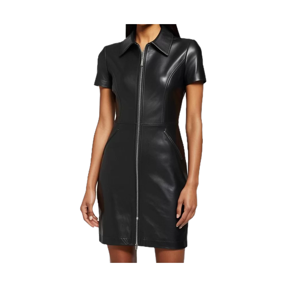 Robe en cuir mi longue en agneau noir fermeture par zip sur l'avant modèle Paolare
