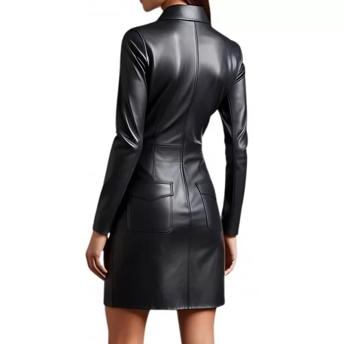 Robe en cuir mi longue agneau noir modèle Florence