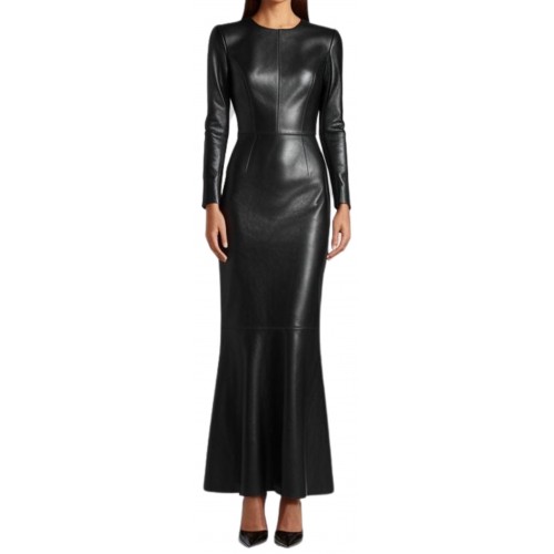 Robe longue en cuir d'agneau agneau noir modèle Mireille