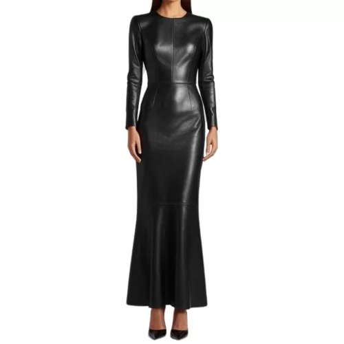 Robe longue en cuir d'agneau agneau noir modèle Mireille