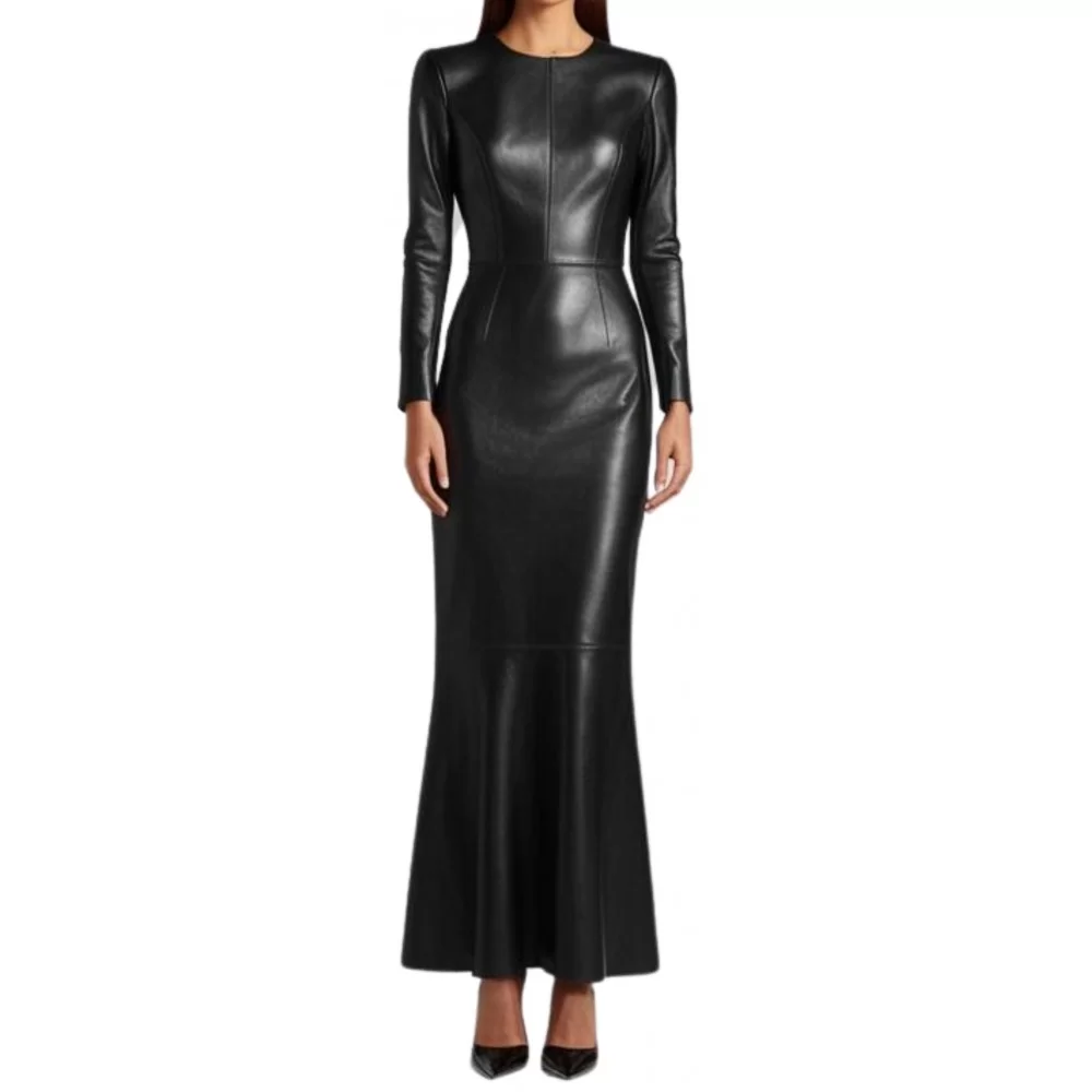 Robe longue en cuir d'agneau agneau noir modèle Mireille