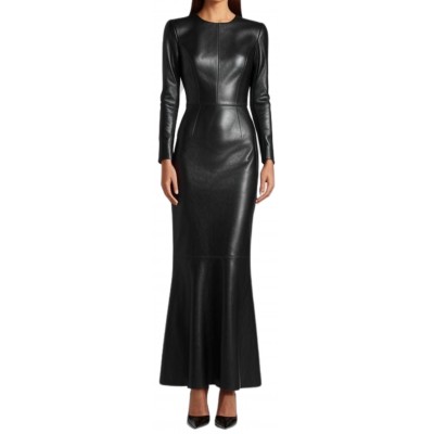 Robe longue en cuir d'agneau agneau noir modèle Mireille