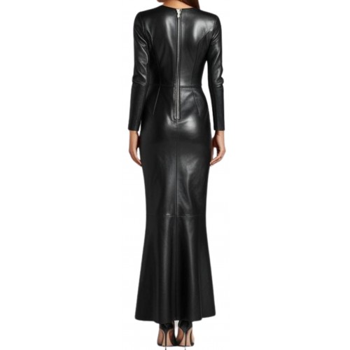 Robe longue en cuir d'agneau agneau noir modèle Mireille
