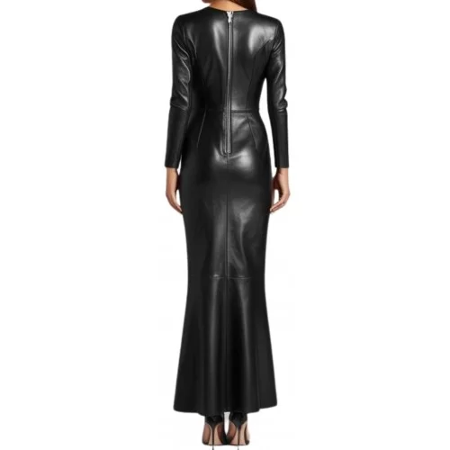 Robe longue en cuir d'agneau agneau noir modèle Mireille