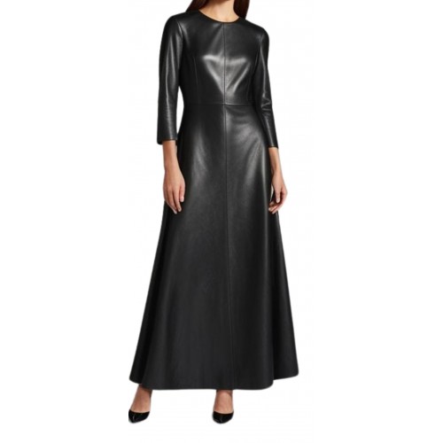 Robe longue en cuir d'agneau agneau noir modèle Ximate