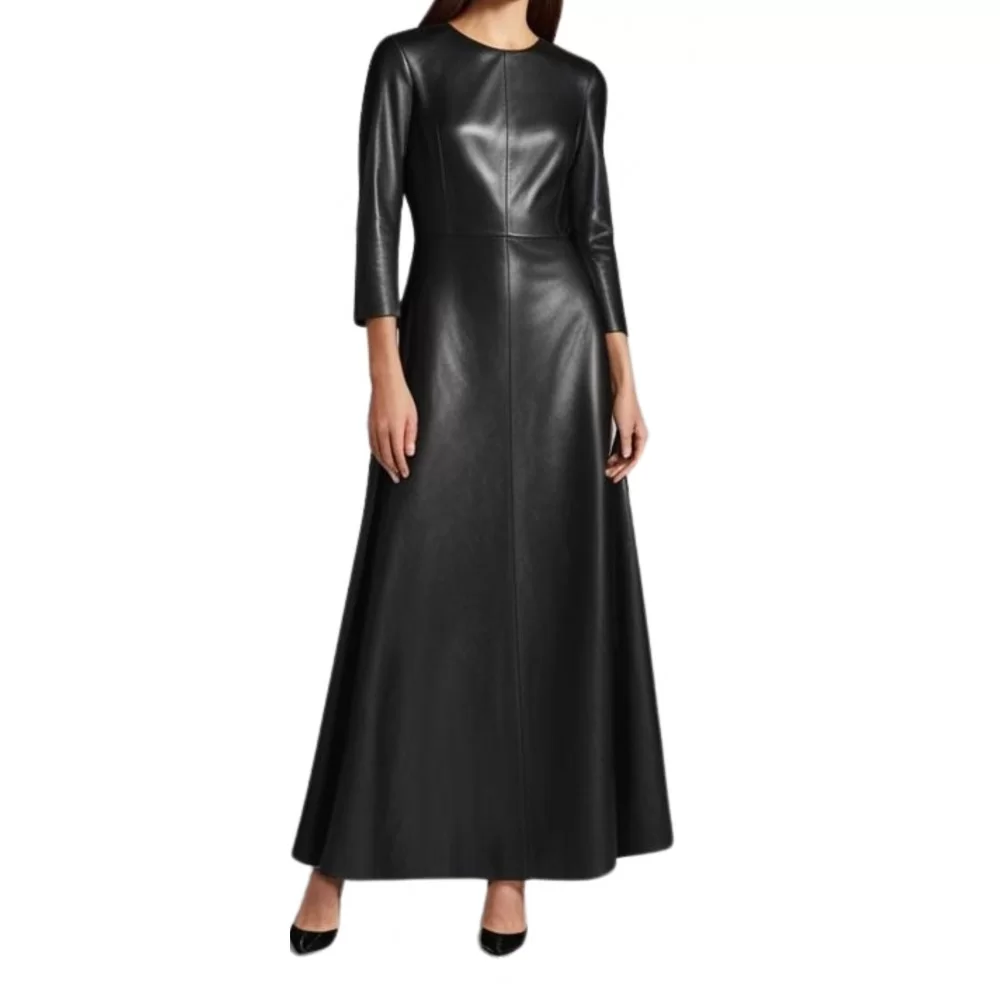 Robe longue en cuir d'agneau agneau noir modèle Ximate