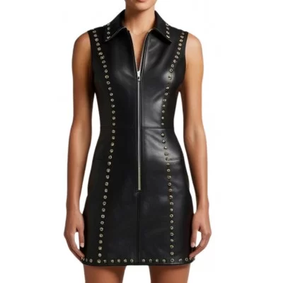 Robe cuir agneau plongé noir avec rivets rond métal modèle Simonie