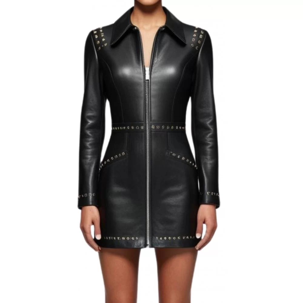 Robe cuir agneau plongé noir manches longues avec rivets rond métal modèle Jimonie