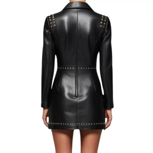 Robe cuir agneau plongé noir manches longues avec rivets rond métal modèle Jimonie