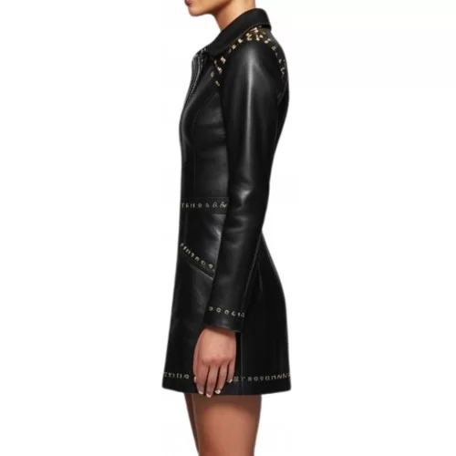Robe cuir agneau plongé noir manches longues avec rivets rond métal modèle Jimonie