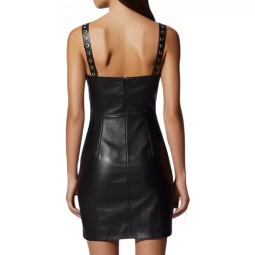 Robe à bretelles en cuir mi longue en agneau noir fermeture par zip sur l'arrière modèle Alex