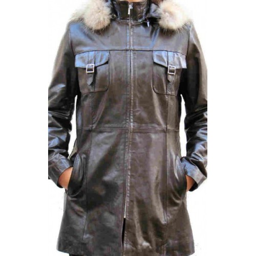 Trois quart en cuir d'agneau noir capuche amovible bords lapin modèle  Alegra