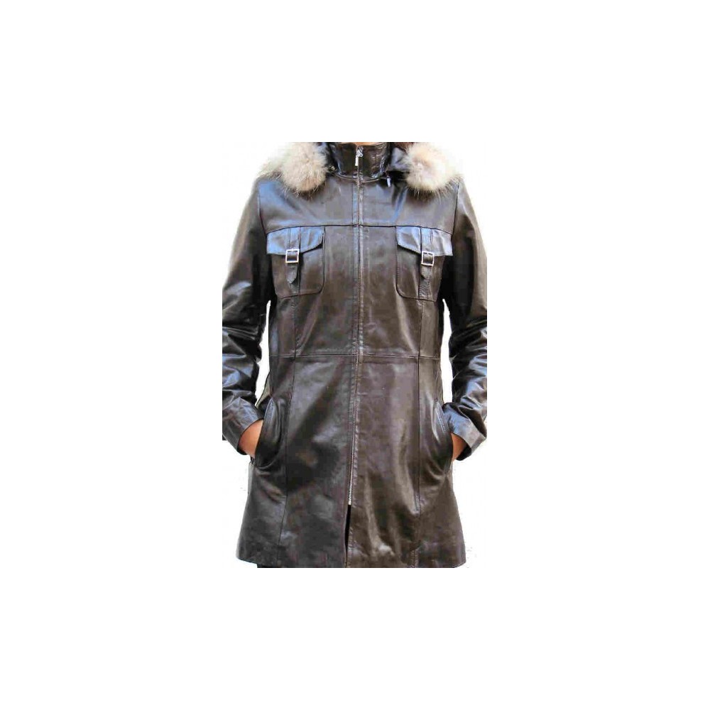 Trois quart en cuir d'agneau noir capuche amovible bords lapin modèle  Alegra
