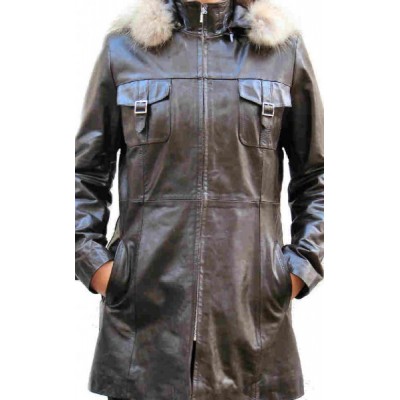 Trois quart en cuir d'agneau noir capuche amovible bords lapin modèle  Alegra