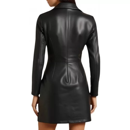 Robe en cuir mi longue en agneau noir fermeture par boutons pressions sur l'avant modèle Manuala