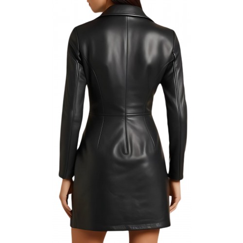 Robe en cuir mi longue en agneau noir fermeture par boutons pressions sur l'avant modèle Manuala