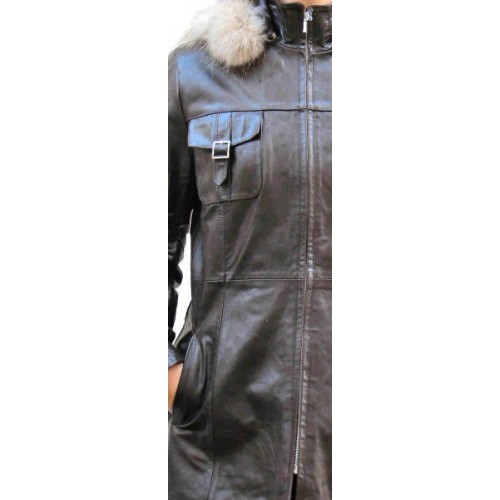 Trois quart en cuir d'agneau noir capuche amovible bords lapin modèle  Alegra