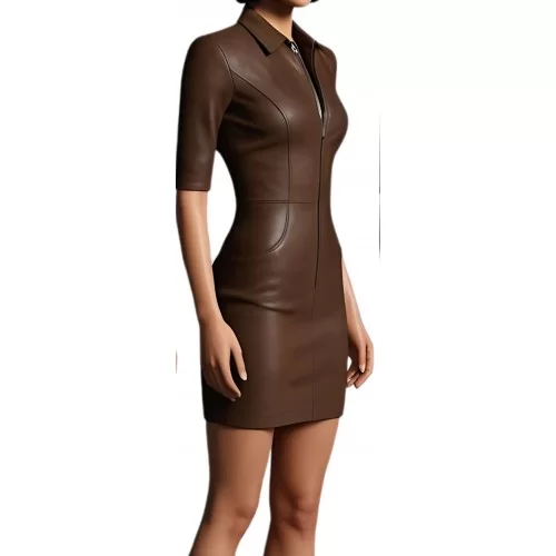 Robe mi longue en cuir d'agneau stretch marron manches courtes modèle Suprême