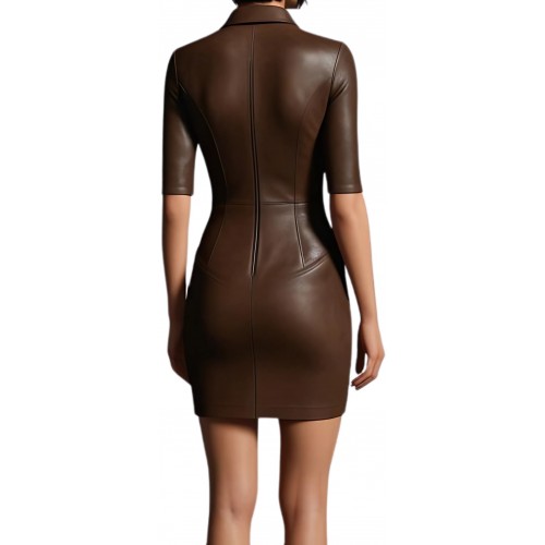 Robe mi longue en cuir d'agneau stretch marron manches courtes modèle Suprême