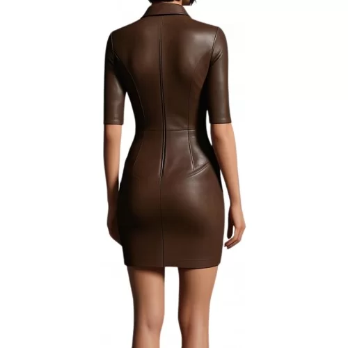 Robe mi longue en cuir d'agneau stretch marron manches courtes modèle Suprême