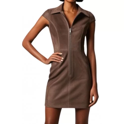 Robe modèle Yvèa en agneau velours daim stretch marron