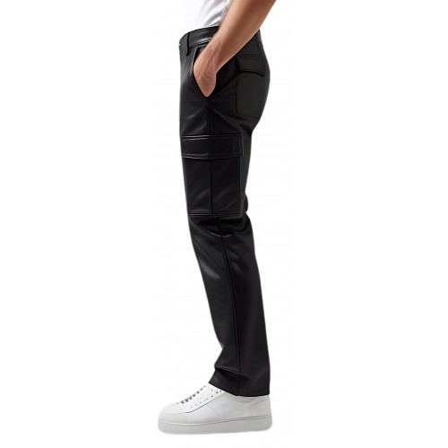 Pantalon cargo cuir homme  agneau noir poches côtés modèle Gino