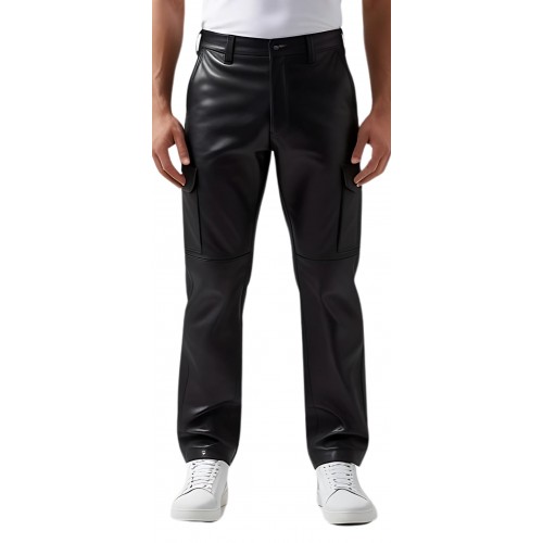 Pantalon cargo cuir homme  agneau noir poches côtés modèle Gino