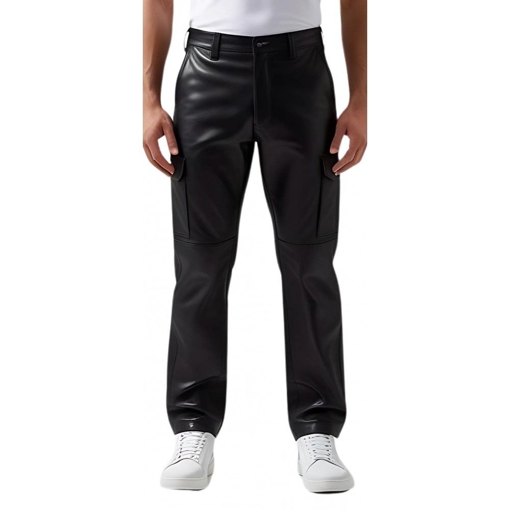 Pantalon cargo cuir homme  agneau noir poches côtés modèle Gino