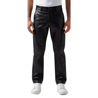 Pantalon cargo cuir homme  agneau noir poches côtés modèle Gino
