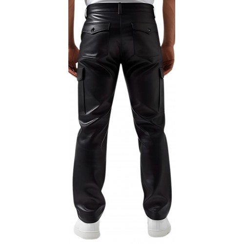 Pantalon cargo cuir homme  agneau noir poches côtés modèle Gino