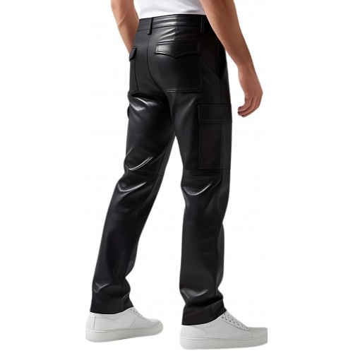 Pantalon cargo cuir homme  agneau noir poches côtés modèle Gino