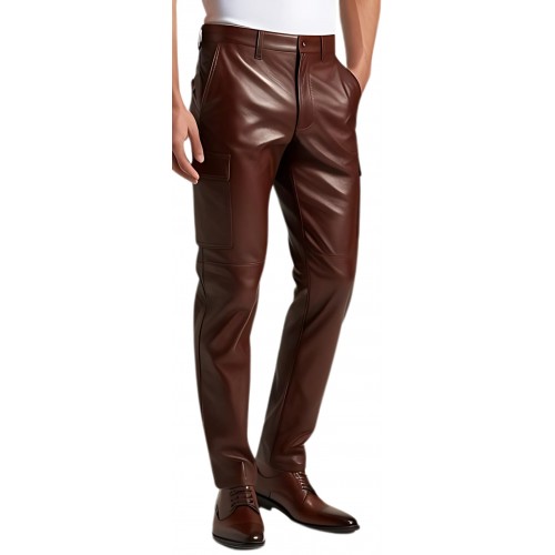 Pantalon cargo homme cuir agneau noir poches côtés modèle Orace