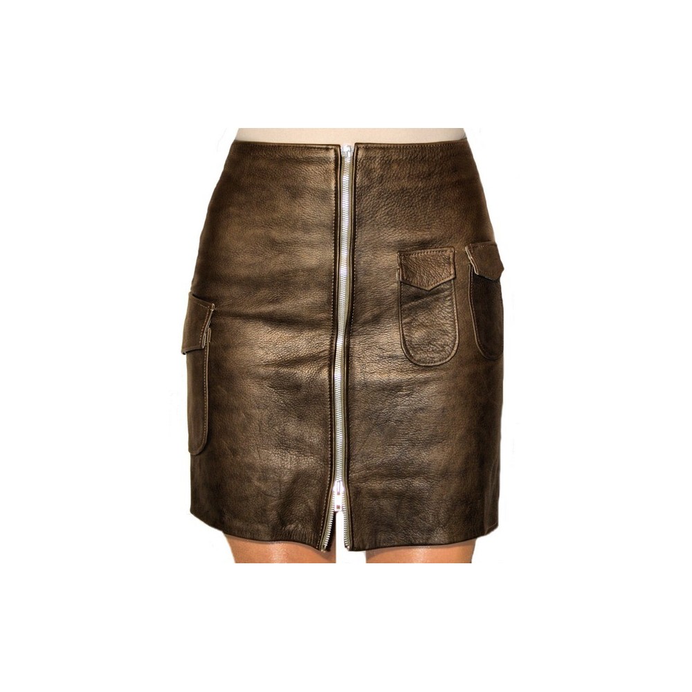 Jupe cuir modèle militaire en vachette plongéé  kaki modèle Army